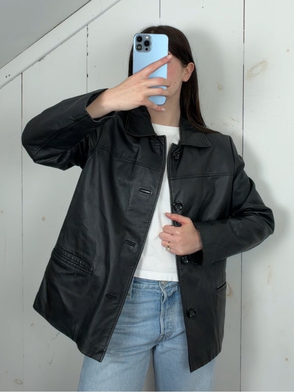 Winlit Black Genuine Leather Button Front Jacket Women’s Small Y2K Lightweight